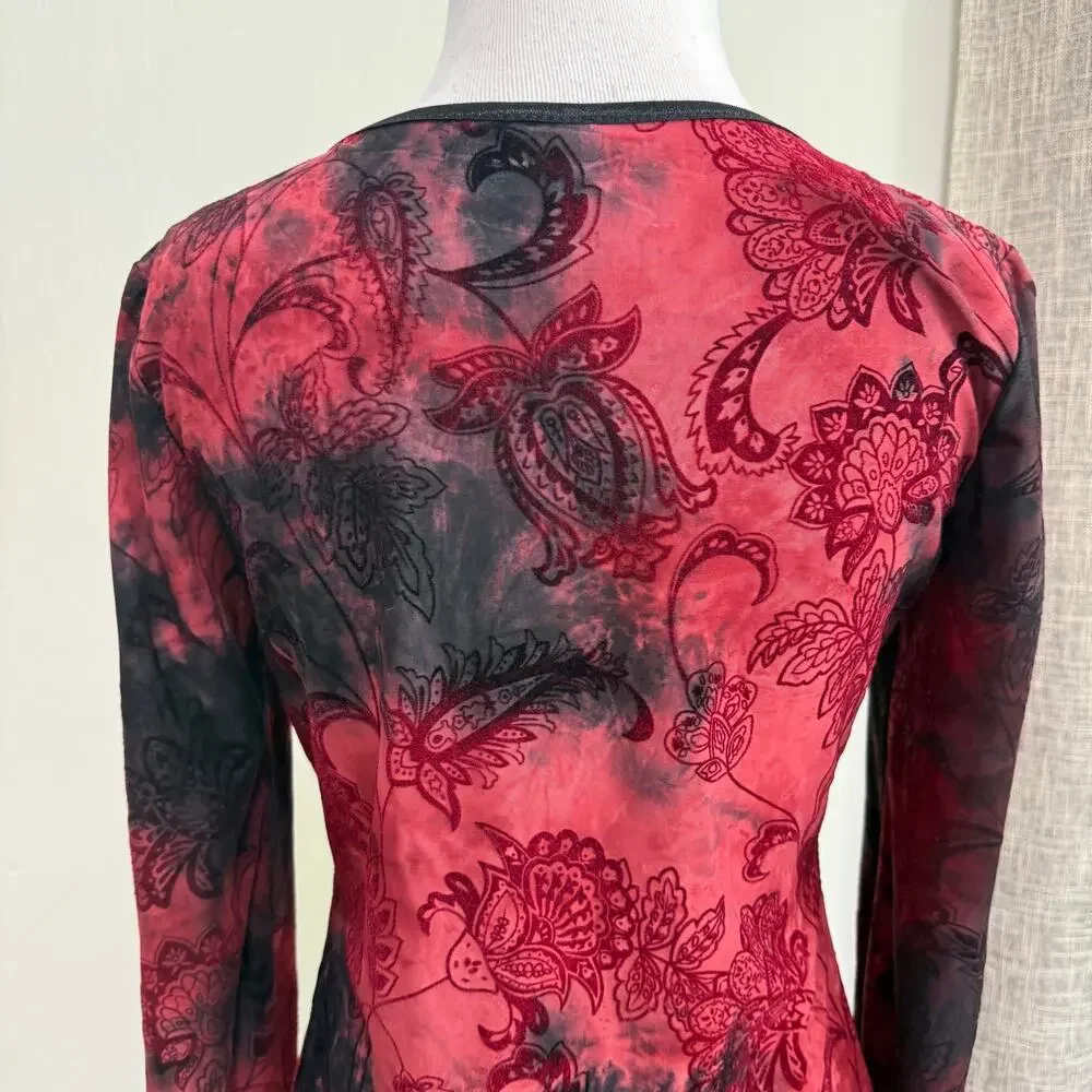 Sami & Jo Y2K Burnout Velvet Top S Red Black Fairy Grunge Flare Sleeve Beaded